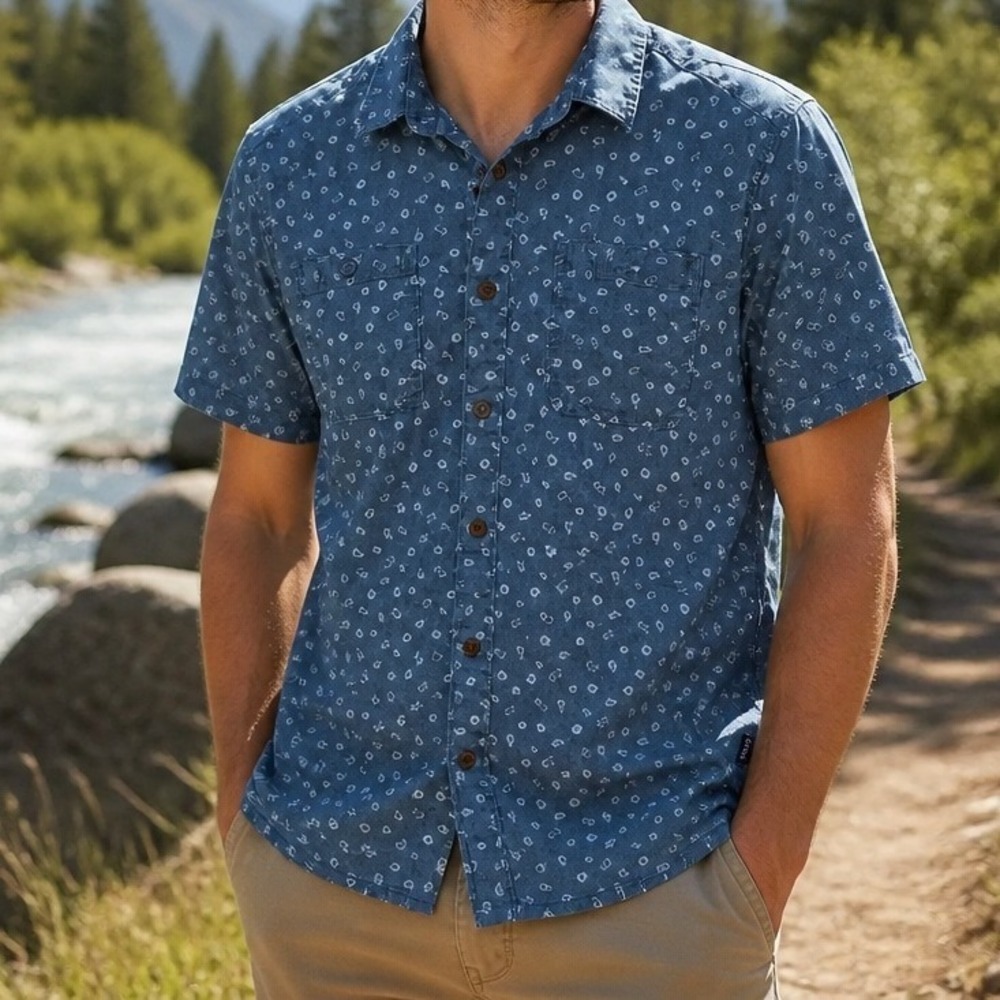 Patagonia Button Down Shirt Men Medium Blue Geometric Print Eco Outdoor Hiking